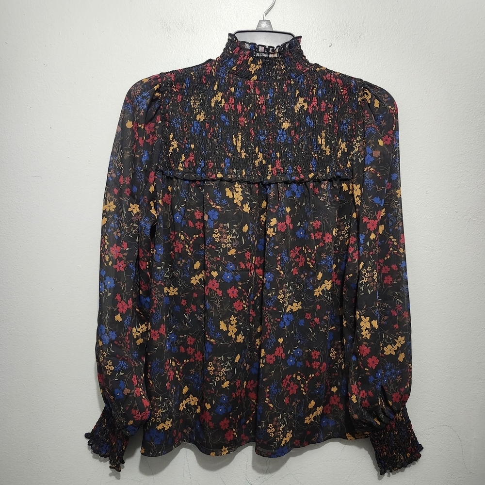 Laundry By Shelli Segal Floral Smocked Blouse - Black, Red, Blue, Yellow Size S - Picture 4 of 7